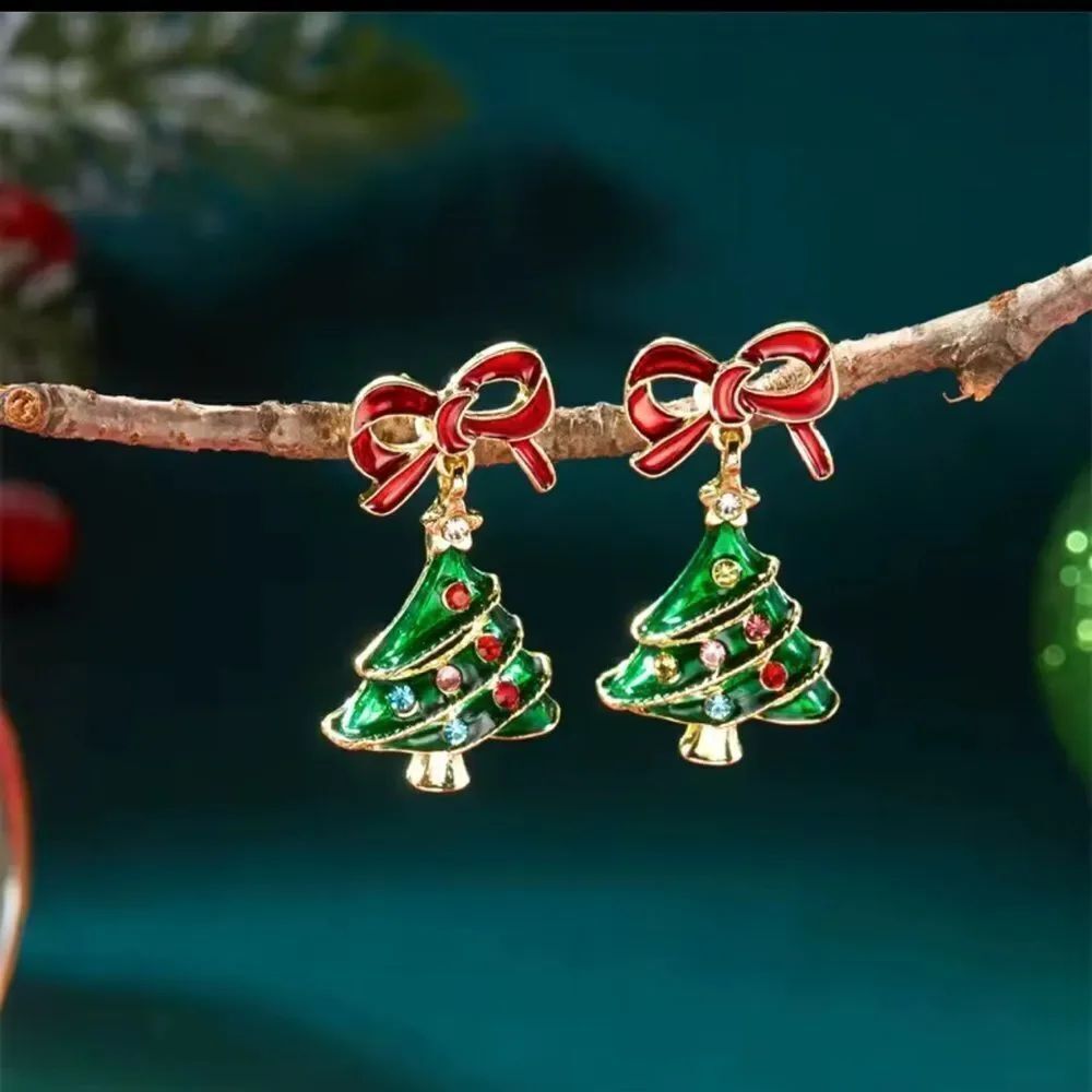 Festive Christmas Tree Earrings with Red Bows